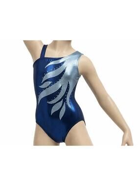 Balera Girls Blue Metallic Gymnastics Leotard Youth Medium Asymmetrical Sparkle
